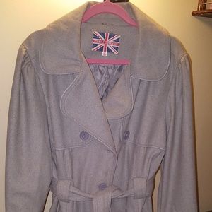 Full length Grey Pea Coat faux leather trim
